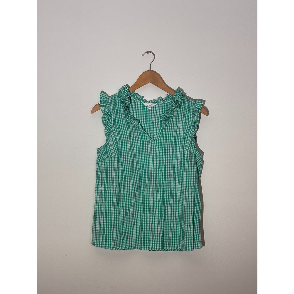 Crown & Ivy Sleeveless Top‎ Women Medium Green Gingham Ruffle V-Neck Blouse